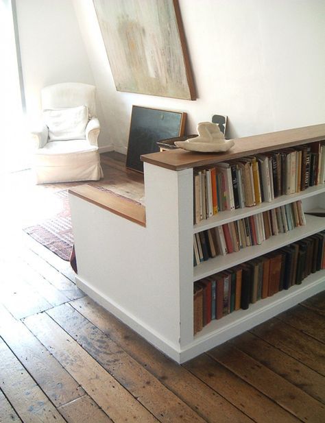 short bookshelf as room divider with a built-in trunk-style storage bench. Bookshelf Bench, Short Bookshelf, Bookshelf Room, Closet Ikea, Fabric Room Dividers, Bamboo Room Divider, Wooden Room Dividers, Living Room Divider, Room Divider Ideas