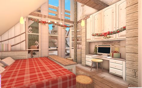 Aesthetic Christmas Bloxburg House, Bloxburg Winter House 1 Story, Bloxburg Xmas Bedroom, Bloxburg Winter Interior, Small Winter House Bloxburg, Bloxburg Christmas Decorating Ideas, Christmas Bloxburg Decor, Christmas Bloxburg Bedroom, Bloxburg Christmas House Ideas Layout