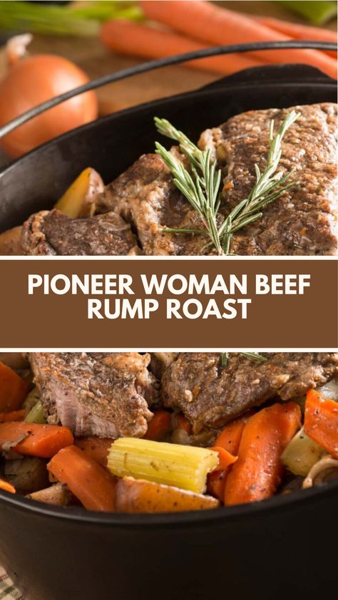 Pioneer Woman Beef Rump Roast recipe features fresh rosemary, garlic, olive oil, sea salt, cracked pepper, baby potatoes, carrots, onion, beef stock, brown sugar, and optional flour. It takes 4 hours and serves 6. Beef Round Rump Roast Recipes, Beef Rump Roast Recipes, Rump Roast Crock Pot Recipes, Rump Roast Recipe, Crockpot Rump Roast, Beef Rump Roast, Rump Roast, Rolled Roast, Pot Roast Crock Pot Recipes