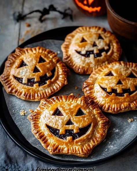 Jack-o'-Lantern Hand Pies 🎃🧡 Celebrate Halloween with these adorable Jack-o'-Lantern Hand Pies! Perfect for a festive treat, these mini pies are filled with a delicious pumpkin or apple filling and shaped like charming jack-o'-lanterns. Ideal for parties, school events, or a fun family baking activity. Get into the Halloween spirit with these spooky, tasty treats! Ingredients: • 1 package refrigerated pie crusts: For the pie dough. • 1 cup pumpkin puree or apple pie filling: Your choice of fi... Apple Pie Halloween, Mini Halloween Pies, Halloween Hot Food, Halloween Mini Pies, Halloween Pies Ideas, Halloween Pie Crust Designs, Halloween Hand Pies, Samhain Baking, Halloween School Snacks