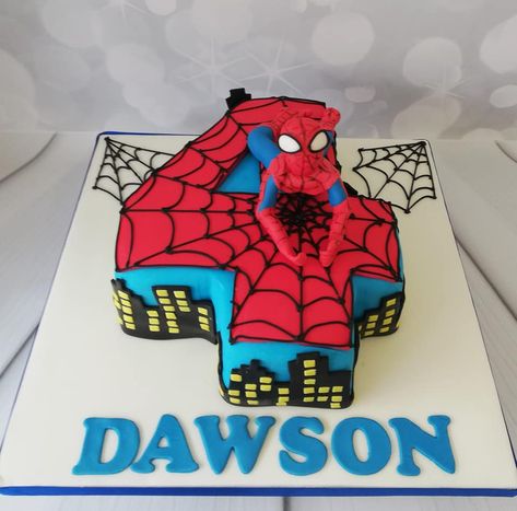 number 4 spider-man cake Number 4 Spiderman Cake, Spider Man Number Cake, 4 Spiderman Cake, Spiderman Number Cake, 3rd Birthday Cakes For Boys, Spidey Cake, Number 4 Cake, Superhero Birthday Party Decorations, Cake Spiderman