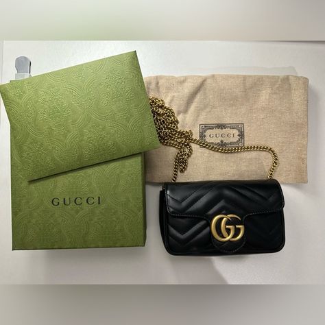 Gucci GG Marmont Super Mini Marmont Super Mini, Box Ribbon, Gucci Gg Marmont, Gg Marmont, Mini Quilt, Shoulder Bag Black, Gucci Handbags, Quilted Leather, Bag Tags