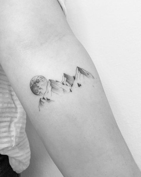 Mountains With Moon Tattoo, Nature Lovers Tattoo, Moon Nature Tattoo, Moon Mountain Tattoo, Mountain Scape Tattoo, Mountain Moon Tattoo, Mountain And Moon Tattoo, Mountain Tattoo Arm, Tattoo Ideas Mountains