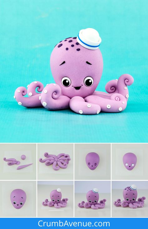 Octopus Cake, Diy Fimo, Diy Polymer Clay, Fondant Animals, Cake Topper Tutorial, Fondant Cake Toppers, Polymer Clay Figures, Clay Inspiration, Polymer Clay Animals