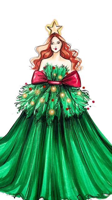 Holly Nichols Illustration Fashion, Holly Nichols Illustration, H Nichols Illustration, Holly Nichols, Sofia Ferreira, Grinch Party, Christmas Tree Dress, Tree Dress, Design Sketchbook