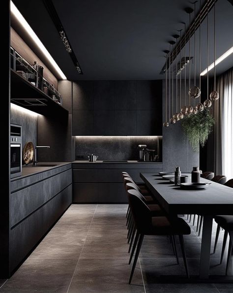 Black Kitchen Design, Modern Black Kitchen, Loft Interior, Black Interior Design, Sleek Kitchen, Dark Theme, Luxury Kitchen Design, Grey Kitchen, Pop Design