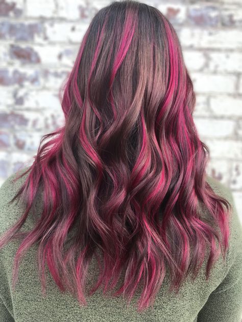 Colored Highlights Straight Hair, Streak Of Color In Hair Brown, Brown Hair With Colors Peekaboo, Magenta Streaks In Brown Hair, Neon Pink Highlights In Brown Hair, Pink Hair In Brown Hair, Pink Pikaboo Highlights, Purple Peekaboo Highlights Curly Hair, Colored Highlights In Brown Hair Purple