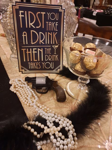 1920s Party Table Decor, Prohibition Era Party, Great Gabsy Party Ideas, Great Gatsby Cocktail Party, Speakeasy Bachelorette Party, 1920 Theme Party Decorations, Vintage Speakeasy Aesthetic, 1920 Cocktails, Speak Easy Party Idea