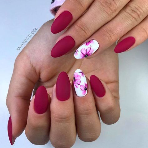 Burgundy Matte Nails With Flowers Art ❤ 30 Burgundy Matte Nails Designs That Drop Your Jaw Off ❤ See more ideas on our blog!! #naildesignsjournal #nails #nailart #naildesigns #mattenails #burgundymattenails #burgundynails Nails Design For Spring, Burgundy Matte Nails, Acrylic Almond Nails, Classy Nail Designs, Floral Nail Designs, Matte Nails Design, Spring Nail Colors, Almond Nails Designs, Best Nail Art Designs