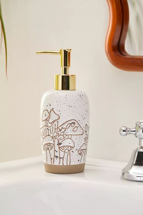 Mushroom Bathroom, Ceramic Brush, Ceramic Soap Dispenser, Natural Bathroom, Concrete Bathroom, Aesthetic Bathroom, Mushroom Decor, Bathroom Set, Wall Gallery