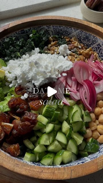 Danielle Brown | vegan recipes on Instagram: "bookmark the DATE ME salad (best salad ever!!)🥗😍follow @healthygirlkitchen for more recipes! Ingredients: 1 head kale shredded 1/3 cup chopped dates 1 cup chopped cucumber 1 cubed ripe avocado 1/2 cup pickled onions 1/4 cup chopped walnuts 1/2 cup crumbled vegan feta 1 can chickpeas rinsed and drained Dressing: 1/4 cup olive oil, 2 tbsp red wine vinegar, 1 tbsp tahini, 2 tsp Dijon, 2 tsp maple syrup, salt pepper ENJOY the literal best salad ever. #vegan #salad #salads #healthy #recipeshare #recipeoftheday #saladbowl #dairyfree #meatfree #glutenfree #plantbased #plantbasedfood" Salad With Dates And Feta, Dates Salad Recipes, Date Salad Recipes, Special Salads Recipes, Veggie Salads Without Lettuce, Health Salads, Date Salad, Best Salad Ever, Danielle Brown