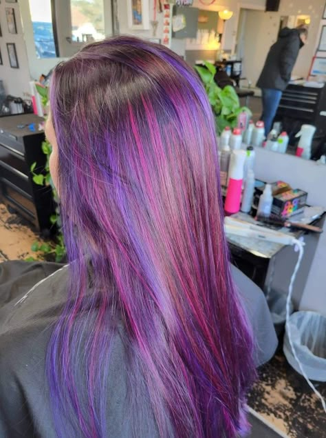 Pink And Purple Mixed Hair, Black Hair With Pink And Purple Streaks, Pink Purple Hair Highlights, Pink And Purple Peak A Boo Hair, Pink Purple And Brown Hair, Dark Purple Hair With Pink Highlights, Pink Purple Blue Hair Streaks, Pink And Purple Highlights On Black Hair, Black Purple Pink Hair