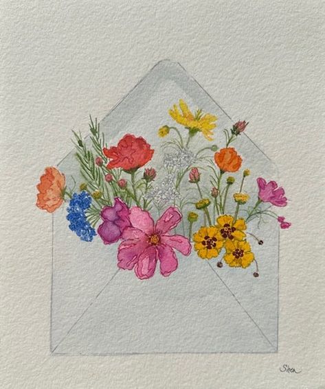 I miss the days of snail mail and I love flowers so I thought I would combine the two! This is an original watercolor done on 300 lb cold press watercolor paper. It would make a great Mother's Day gift or a gift for a friend who loves flowers and mail just as much as I do! Watercolor Watering Can With Flowers, Envelope Painting Ideas, Welcome Home Watercolor Card, Watercolour Gift Cards, Paintings For Mom, Watercolor Flower Cards, Painted Envelopes, Watercolor Art Flowers, Birthday Card Watercolor