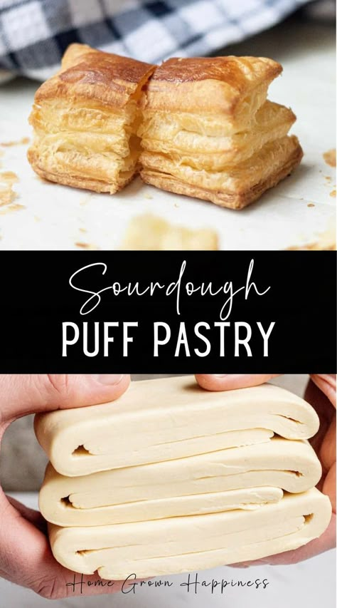 Homemade flaky sourdough puff pastry is delicious and decadent. Real butter rolled in the layers makes it so flavourful, light, and flaky. I love sourdough puff pastry. Not only does sourdough’s signature tang add flavour, but the fermenting of the dough makes it easier to digest and roll out. Sourdough may add on an extra day in time, but takes away some of the efforts of rolling that a traditional puff pastry requires. Recipe Using Sourdough Starter, Butter Puff Pastry, French Cookies, Sourdough Starter Discard Recipe, Homemade Sourdough, Sourdough Starter Recipe, Homemade Pastries, Sourdough Baking, Sourdough Bread Recipe