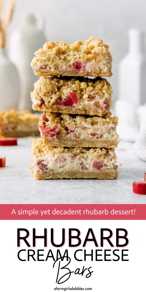 Rhubarb Cream Cheese Bars, Cheese Bars Recipe, Rhubarb Bars Recipes, Cream Cheese Bars Recipe, Recipes Using Cream Cheese, Best Rhubarb Recipes, Oat Crust, Field Meals, Rhubarb Recipes Crisp