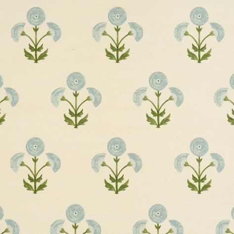 Saranda Flower Sisal - Sky Wallpapers | Schumacher Wallpapers For Kitchen, Colonial Wallpaper, Slanted Ceiling Bedroom, French Country Wallpaper, House Of Hackney Wallpaper, Sisal Wallpaper, Sky Wallpapers, Bedding Pattern, Block Print Wallpaper