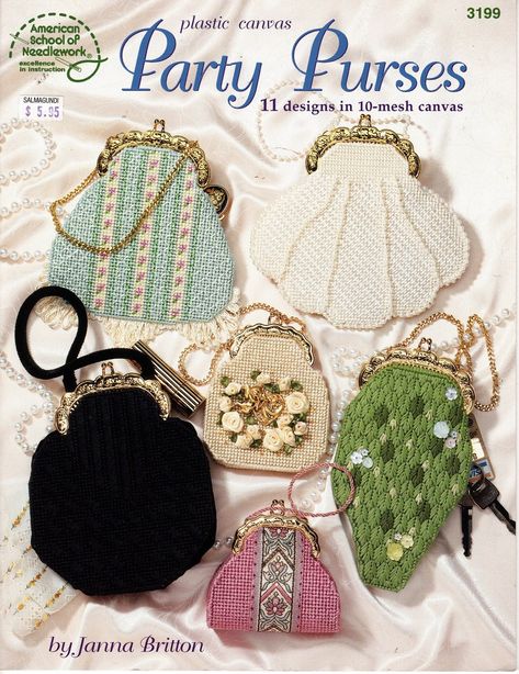 Plastic Canvas Party Purses 11 designs in 10-mesh canvas by Janna Britton. Copyright 1999 by American School of Needlework, 3199, 17 page book, used i Plastic Canvas Purse, Choker Patterns, Canvas Party, Clutch Bag Pattern, Purse Patterns Free, Canvas Bag Diy, Proud Family, Canvas Hat, Plastic Mesh