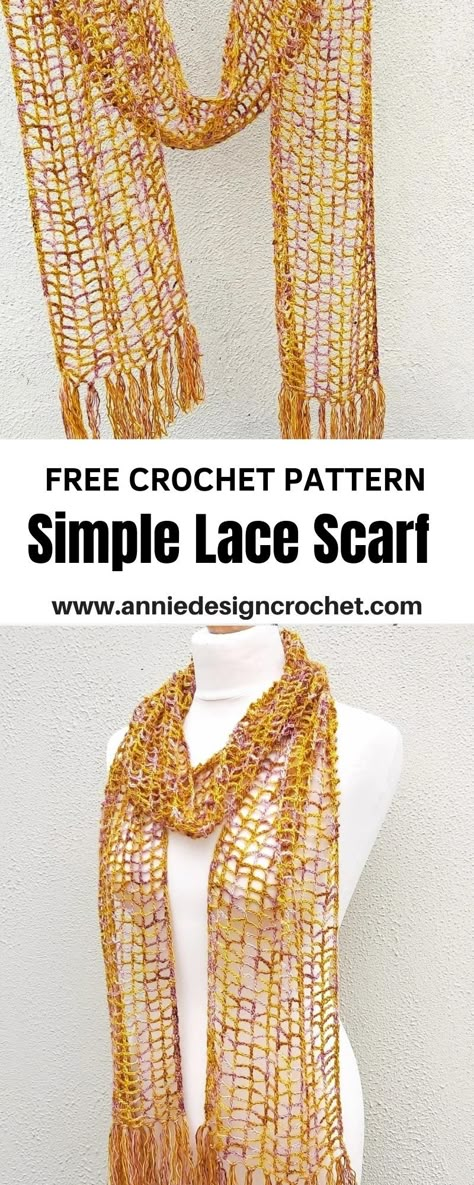 A simple lace crochet scarf pattern that uses only one skein of yarn! A light delicate scarf perfect for adding a pop of colour to your outfit any time of year. The easy pattern creates a beautiful mesh lace design that is sophisticated and stylish.  Using simple stitches with minimum counting, you will be whipping up a few of these in no time! Easy Mesh Crochet Stitches, Ladder Yarn Scarf Pattern, Light Weight Scarf Crochet Pattern, Mesh Scarf Crochet Pattern, Crochet Mesh Scarf Pattern Free, Crochet Narrow Scarf Patterns, Crochet Delicate Scarf, Light Crochet Scarf Pattern Free, Crochet Scarf Fine Yarn