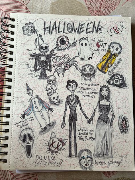 💀 Random Sketch Book Ideas, Sketch Book Opening Page, Things To Do In A Sketchbook, Sketch Book Halloween, Tim Burton Artist Research Page, Scketch Draws Idea Aesthetic, Halloween Sketchbook Page, Sketch Book Ideas Aesthetic Cartoon Easy, All About Me Sketchbook Page