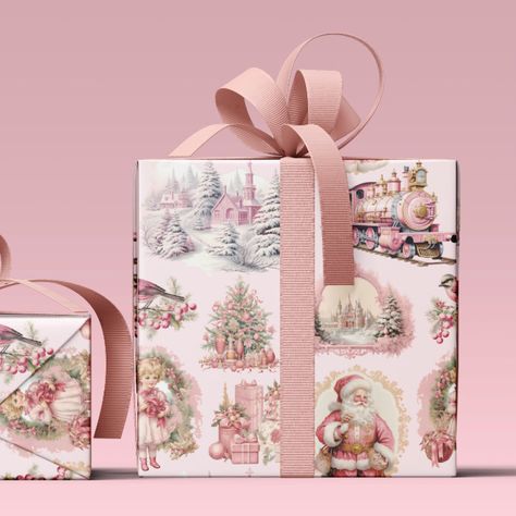 Pink Victorian Christmas, Pink Gingerbread, Village Christmas, Pink Victorian, Gingerbread Village, Holiday Wrapping Paper, Christmas Villages, Antique Pink, Victorian Christmas