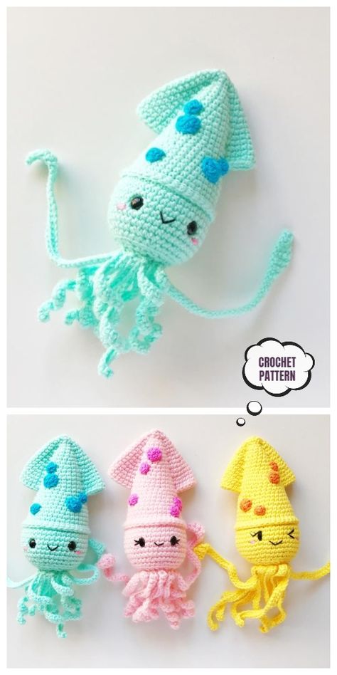 Crochet Hubble the Squid Amigurumi Free Pattern and Paid Crochet Squid Pattern Free Amigurumi, Squid Free Crochet Pattern, Amigurumi Squid Free Pattern, Sea Amigurumi Free Pattern, Crochet With Plush Yarn, Free Crochet Squid Pattern, Crochet Amigurumi Octopus, Crochet Cute Free Pattern, Crochet For Baby Free Patterns