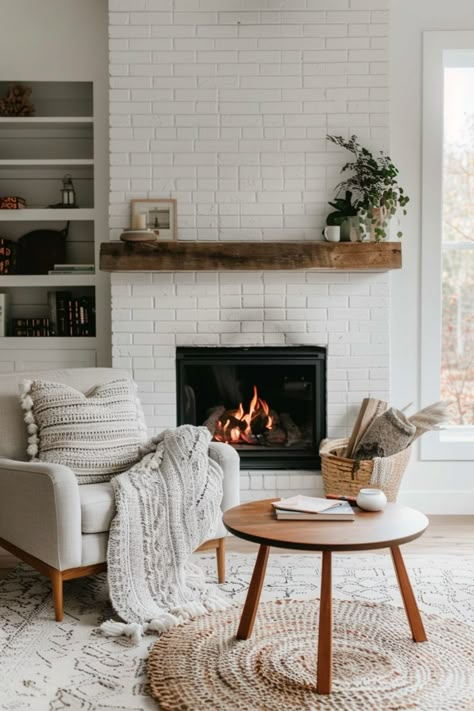 Get the top tips to create a stunning white brick fireplace in your home. Chair Beside Fireplace, White Living Room Brick Fireplace, Wood Mantle On Brick Fireplace, Living Room With White Brick Fireplace, Lights By Fireplace, White Brick Fireplace With Wood Mantle Built Ins, Fireplace Ideas White Brick, White Brick Chimney, Insert Fireplace