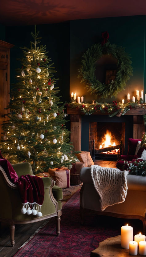 Cozy Moody Christmas Living Room Ideas for Holidays Moody Living Room Christmas, Moody Christmas Decor Living Room, Moody Dark Christmas, Christmas Decor Ideas Moody, Dark Living Room Christmas Decor, Moody Xmas Decor, Moody Christmas Mantle, Moody Holiday Decor, Moody Christmas Decor Ideas