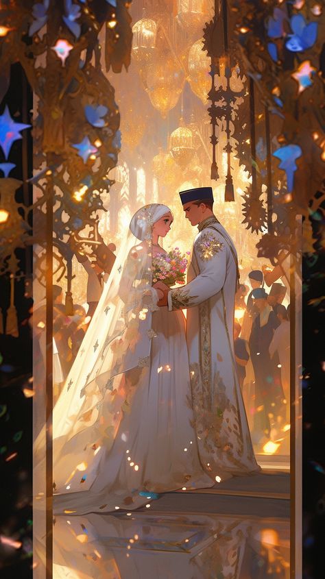 Fantasy Wedding Art, False Memories, Wedding Drawing, Anime Wedding, Anime Cupples, Anime Muslim, Fantasy Wedding, Aesthetic Japan, Wedding Art