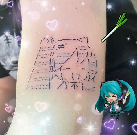 Vocaloid Tattoo Ideas, Miku Tattoo Ideas, Ascii Art Tattoo, Vocaloid Tattoo, Hatsune Miku Tattoo, Ascii Tattoo, Miku Tattoo, Funky Tattoos, Cute Tats