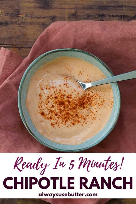 5 Minute Chipotle Ranch Recipe Pinterest Image Dressing For Tacos, Chipotle Ranch Recipe, Chipotle Ranch Dressing Recipe, Spicy Ranch Dressing, Easy Bbq Sauce, Barbecue Recipes Grill, Chipotle Ranch Dressing, Chipotle Paste, Chipotle Seasoning