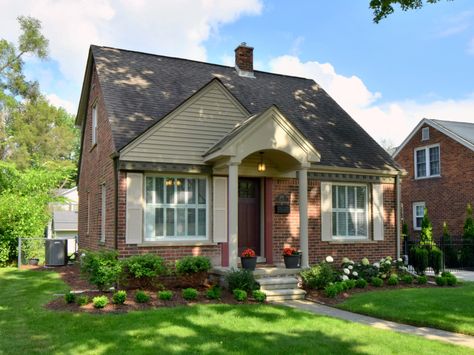 Brick Cape Cod with light tan accent color. Brick Cape Cod, Door Portico, Cape Cod Exterior, Cape Cod House Exterior, Red Brick House Exterior, Cape Cod Style House, Brick Exterior, Red Brick House, Brick Exterior House