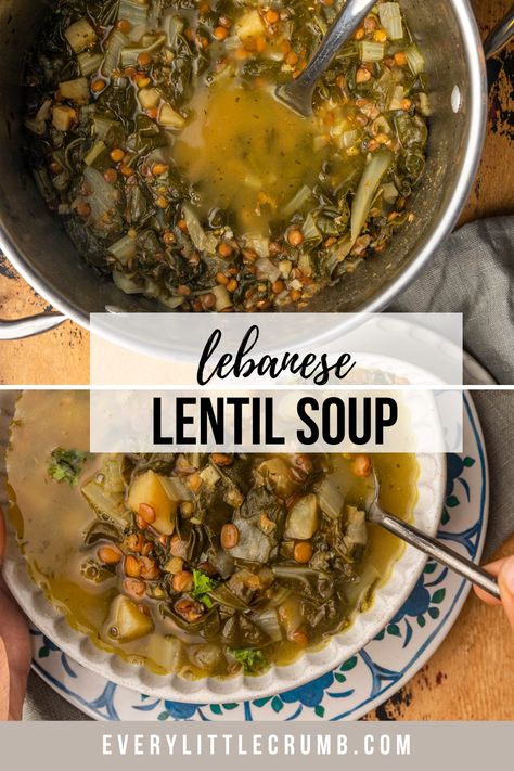 This lemony lentil swiss chard soup is a Lebanese classic called adas bi hamod. It's tangy, full of flavor and SO healthy. You'll love it! #swisschard #lentil #lentilsoup #lebanesesoup Lebanese Yogurt Soup, Swiss Chard Soup, Food Iranian, Spinach Lentil Soup, Chard Soup, Persian Food Iranian Cuisine, Lebanese Lentil Soup, Crumb Recipe, Iranian Cuisine