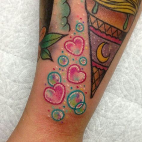 Cute bubbles and hearts Heart Bubble Tattoo, Bubble Heart Tattoo, Colorful Girly Tattoos, Girly Pop Tattoo, Bubble Tattoo Ideas, Candy Tattoo Ideas, Pastel Tattoos, Bubble Tattoo, Pastel Tattoo