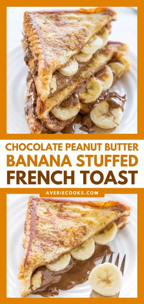 Chocolate Peanut Butter Banana Stuffed French Toast - Averie Cooks Easy Stuffed French Toast, Banana Stuffed French Toast, Stuffed French Toast Cream Cheese, French Toast Roll Ups, Banana Butter, Nutella French Toast, French Toast Rolls, Banana Sandwich, Banana French Toast