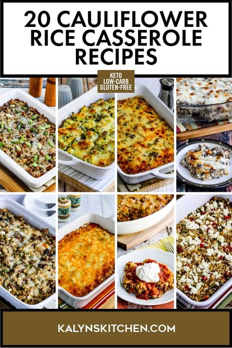 Pinterest image for 20 Cauliflower Rice Casserole Recipes with eight varieties shown, all in white baking dishes. Rice Califlower Casseroles, What To Do With Cauliflower Rice, Low Carb Cauliflower Rice Recipes, Cauliflower Rice Casserole Recipes, Recipes With Riced Cauliflower, Recipes With Cauliflower Rice, Califlower Casserole, Cauliflower Rice Bake, Riced Califlower Recipes