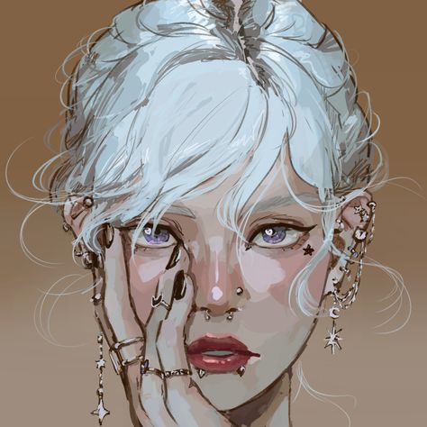 Gray Hair Character Art, White Haired Woman Character Art, White Hair Oc Female, Pink Haired Character Design, Platinum Blonde Character, Poliosis Hair Aesthetic, Gray Skin Character, Character Art White Hair, Albino Character Art