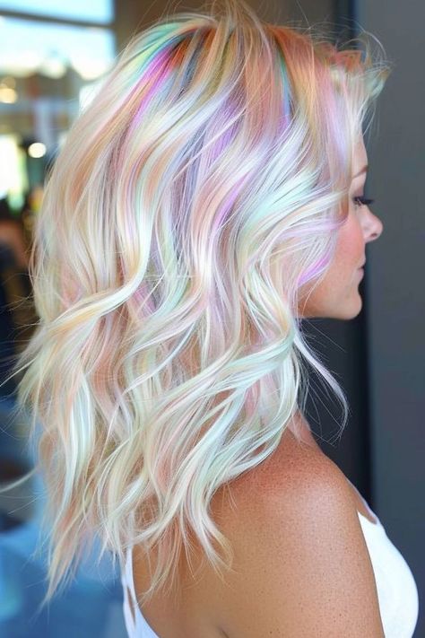 Icy Blonde With Peekaboo Color, Short Hair Color Ideas For Blondes, Platinum Blonde Hair With Rainbow Highlights, Colorful Hair For Blondes, Irredescent Hair, Blonde With Vivid Highlights, Pink Money Piece Hair With Bangs, Hair For Summer 2024, Pastel Colors Hair