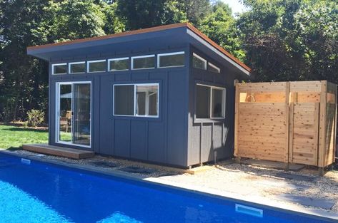 Portable Pool House Shed in PA Shed Pool House Ideas, Cabana Ideas Backyard, Prefab Pool, Small Pool House, Pool House Ideas, Shed Pool House, Cabana Ideas, Backyard Pool House, Small Pool Houses