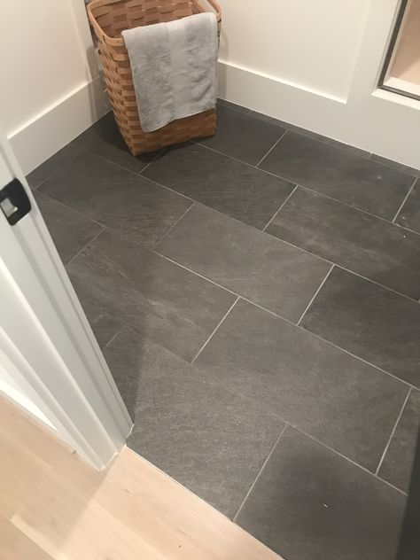 Grey Tile Floors Bathroom, Large Black Tile Floor, Slate Grey Bathroom Tile, Dark Floors Bathroom Ideas, Slate Gray Bathroom Floor, Bathroom Charcoal Floor, Slate Laundry Room Floor, Dark Tile In Bathroom, Dark Grey Herringbone Tile Bathroom