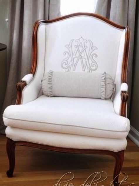 Monogram Chair, Chair Redo, Chair Ideas, Chair Makeover, French Chairs, White Chair, Beautiful Chair, Vintage Sofa, Monogram Fonts