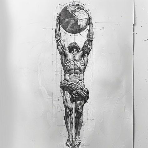 Hercules Back Tattoo, Cool Design Tattoos For Men, Hercules Holding Earth Tattoo, Mens Roman Tattoo, World On Shoulders Drawing, Hercules Drawing Realistic, Universe Inspired Tattoos, Blue Print Tattoo, Historical Tattoos For Men