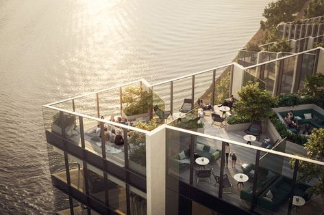 SOM envisions upper riverside towers for greenwich peninsula River Bank Landscaping, Bank Landscaping, Outdoor Terrace Ideas, Apartments Architecture, Balcony Herb Gardens, Greenwich Peninsula, Building Forms, Riverside Apartment, Riverside Hotel