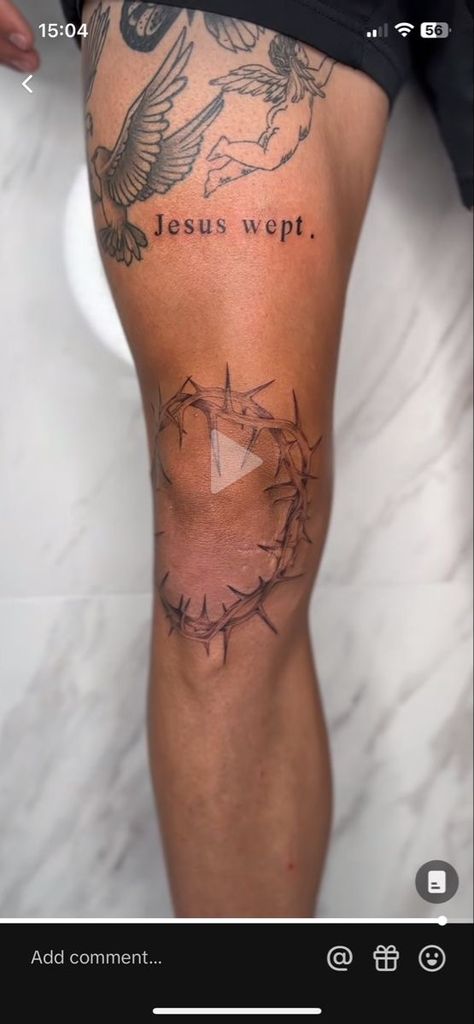 Biblical Leg Tattoos, Crown Of Thorns Knee Tattoo, Ave Christus Rex Tattoo, Christ Tattoos For Men, State Outline Tattoo, Bible Tattoos For Men, Christian Tattoos For Guys, Catholic Tattoos For Men, Above The Knee Tattoo Men