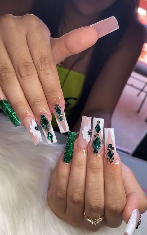 Nails Acrylic With Diamonds Short, Emerald Nails Acrylic Coffin, Green Nails Acrylic Emerald, Emerald Nail Ideas Acrylic, Green Long Acrylic Nails With Diamonds, Emerald Green French Tip Nails With Rhinestones, Emerald Green Acyrilics Nails, Emerald Green Bling Nails Short, Pink And Emerald Green Nails