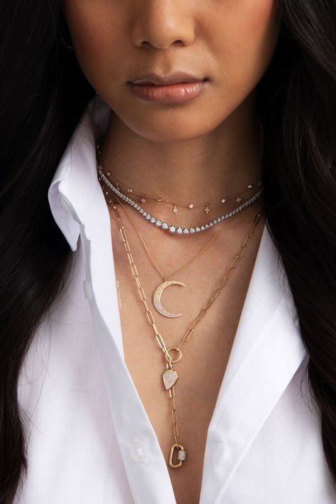 Jewelry Goals   Jewelry: SALT. Fine Jewelry    Photographer: Christopher Morrison  Makeup: Lauryn Hopwood Hair: Jena Lee Thorney and Mel Jaramillo Luxury Adjustable Chain Necklace For Everyday, Chic Luxury Chain Necklace For Everyday Use, Luxury Everyday Adjustable Chain Link Necklaces, Everyday Luxury Tarnish-resistant Necklace, Gold Tarnish-resistant Necklace For Everyday Luxury, Diamond Moon Necklace, Sapphire Eyes, Solid Gold Charms, Diamond Face