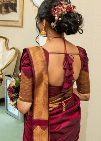 Paper Silk Saree Blouse Designs, Stylish Blouse Design Back Side, Blouse With Knot At The Back, South Indian Blouse Designs Back Neck, Blouse Design For Kathpadar Saree, Back Side Neck Design For Blouse, Kathpadar Blouse Designs Latest, South Indian Blouse Designs Back, Silk Saree Blouse Back Designs Latest