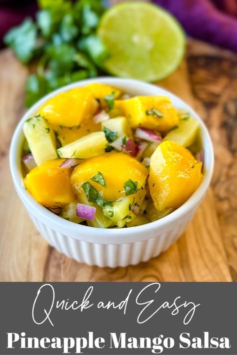 This Pineapple Mango Salsa recipe is similar to pico de gallo and can be made using fresh or frozen fruit. The salsa has a sweet and tangy flavor profile thanks to lime juice, cilantro, and red onion. Pineapple Mango Salsa, Mango Pineapple Salsa, Mango Salsa Recipe, Mango Salsa Recipes, Chopped Pineapple, Salsa Recipes, Seafood Sauce, Homemade Enchilada Sauce, Mango Pineapple