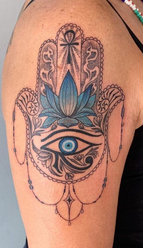 Hamsa with eye of Horus tattoo Hamsa Tattoo Meaning, Hamsa Tattoos, Paisley Tattoo Design, Eye Of Ra Tattoo, Fatima Hand Tattoo, Eye Of Horus Tattoo, Scarab Tattoo, Hamsa Tattoo Design, Hamsa Hand Tattoo