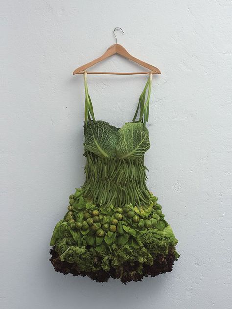 I'd wear that. Clever Conceptual Photographs of Fruits and Vegetables Vegetable Dress, Sarah Illenberger, Whimsical Wardrobe, Leaf Dress, Food Sculpture, Altered Clothing, Amazing Food Art, Creative Food Art, Food Crafts