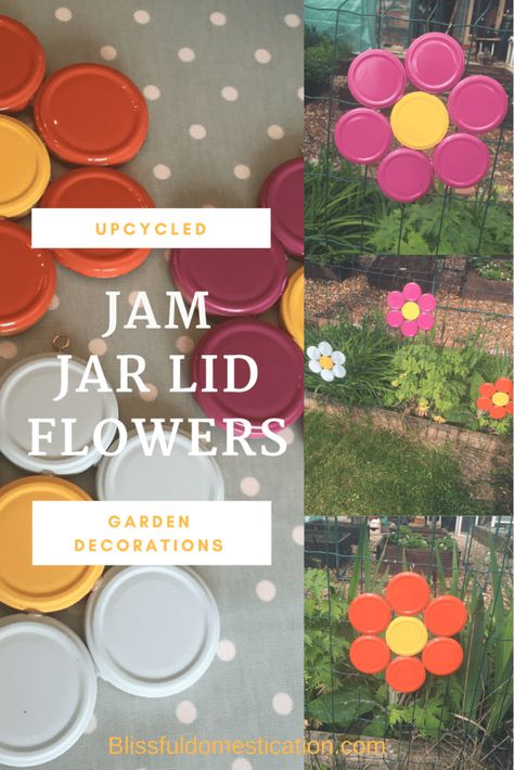 Upcycled Jam Jar Lid Flowers | Blissful Domestication Hub Cap Flowers, Canning Lids Craft, Jam Jar Lids Crafts, Canning Lid Flowers, Canning Jar Lid Flowers, Canning Jar Lid Crafts, Jar Lid Flowers, Mason Jar Lid Flowers, Lid Crafts